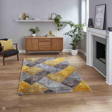 Olympia 2239 3D Geometric Plush Carved Hi-Lo Textured Soft Polyester Metallic Shimmer Shaggy Grey/Yellow/Brown Rug-Think Rugs-Rug Love - The Most Loved Rug Store
